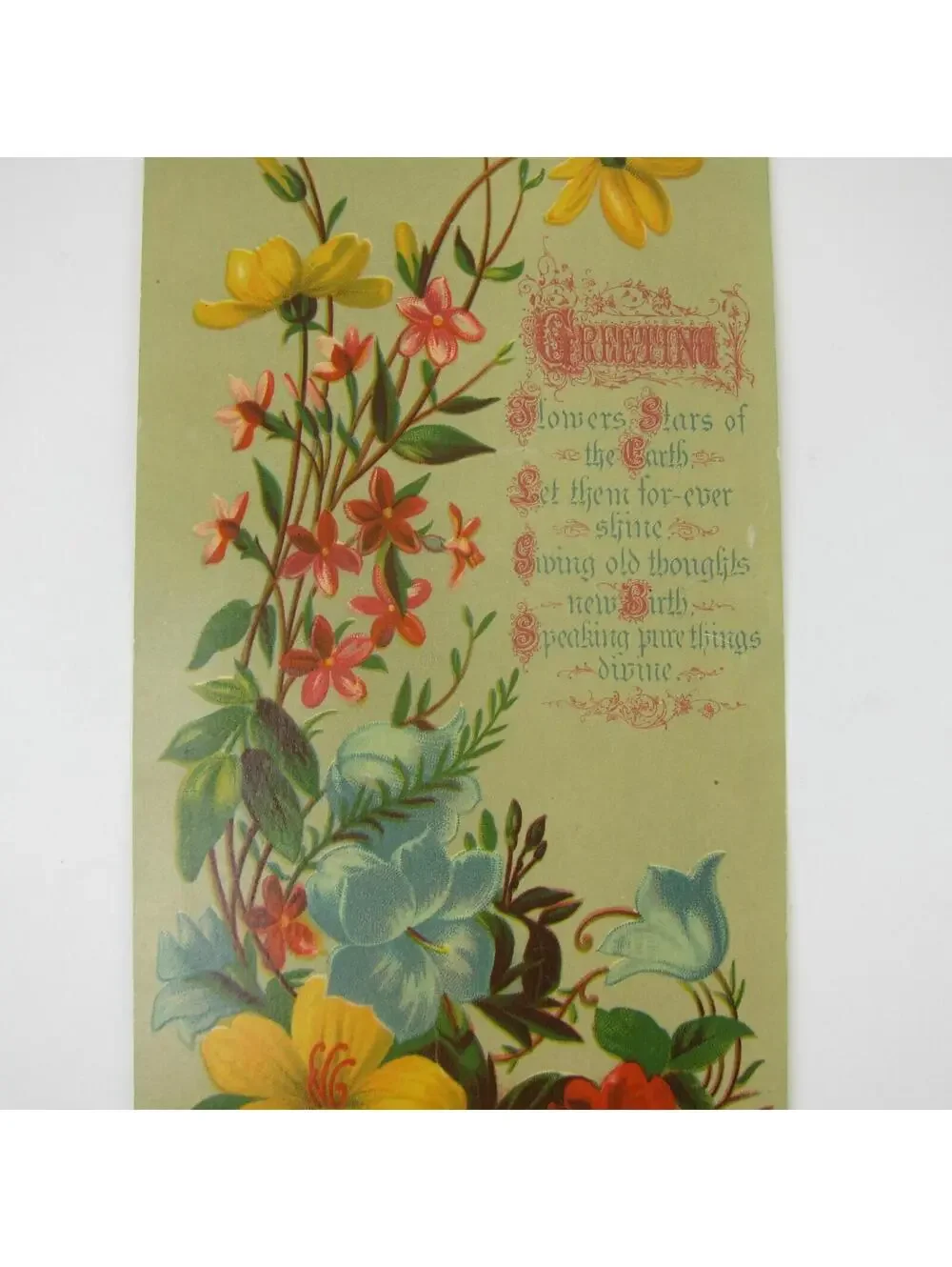 Victorian Greeting Card LARGE Flowers Red Yellow Blue Pink Antique 1881